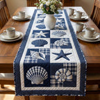 Navy and White Shell Checkerboard Table Runner