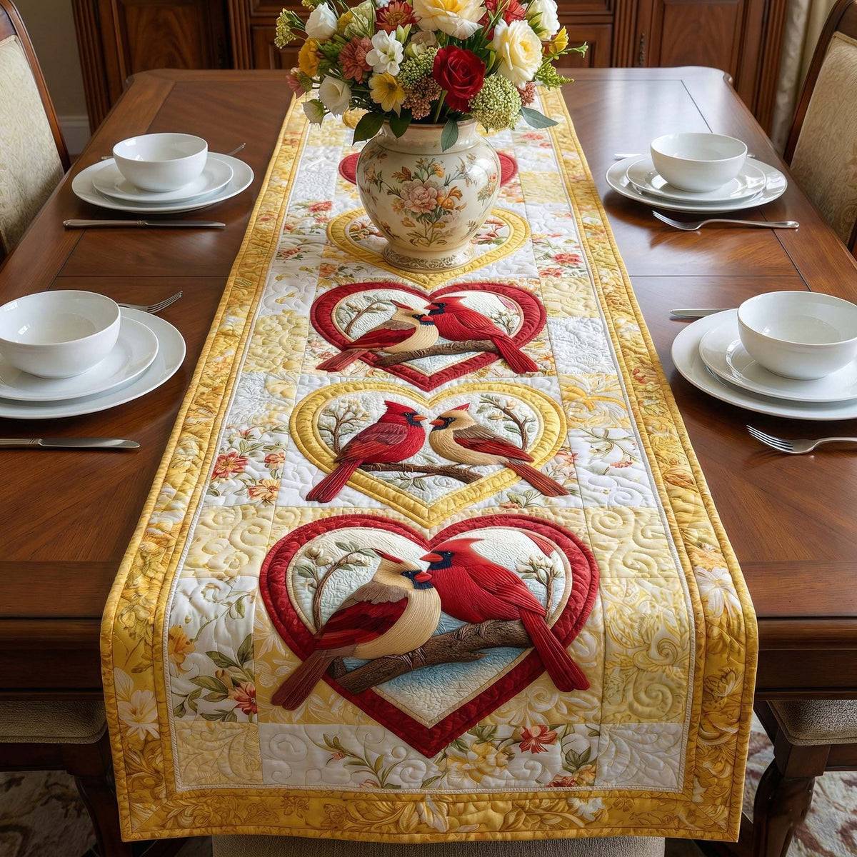 Cardinals on Golden Hearts Table Runner
