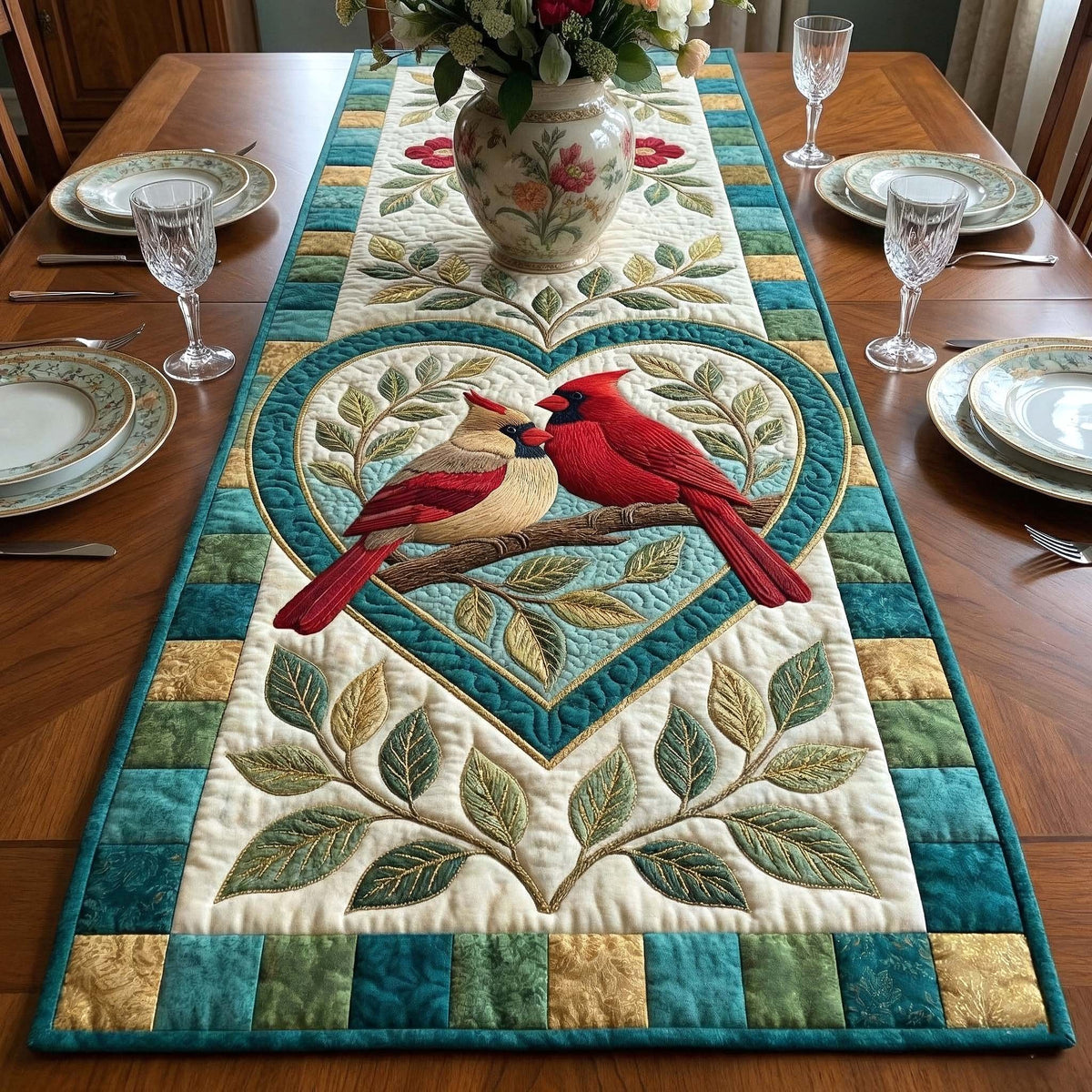 Cardinals in a Green Leaf Heart Table Runner