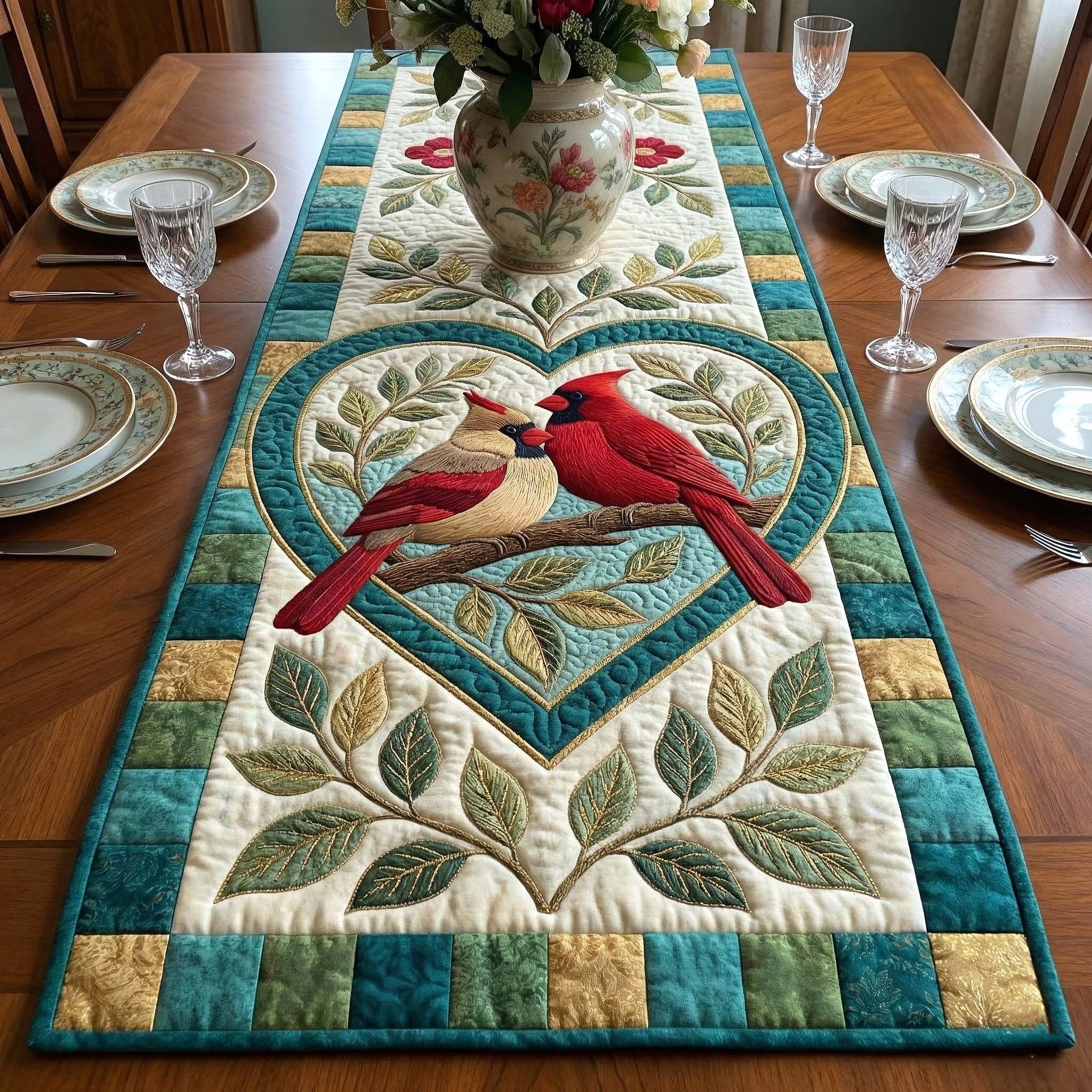 Cardinals in a Green Leaf Heart Table Runner