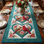 Cardinals in Teal Hearts Table Runner