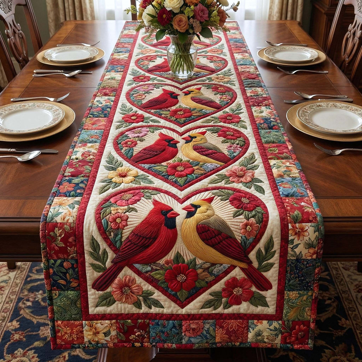 Cardinals in Floral Heart Frames Table Runner