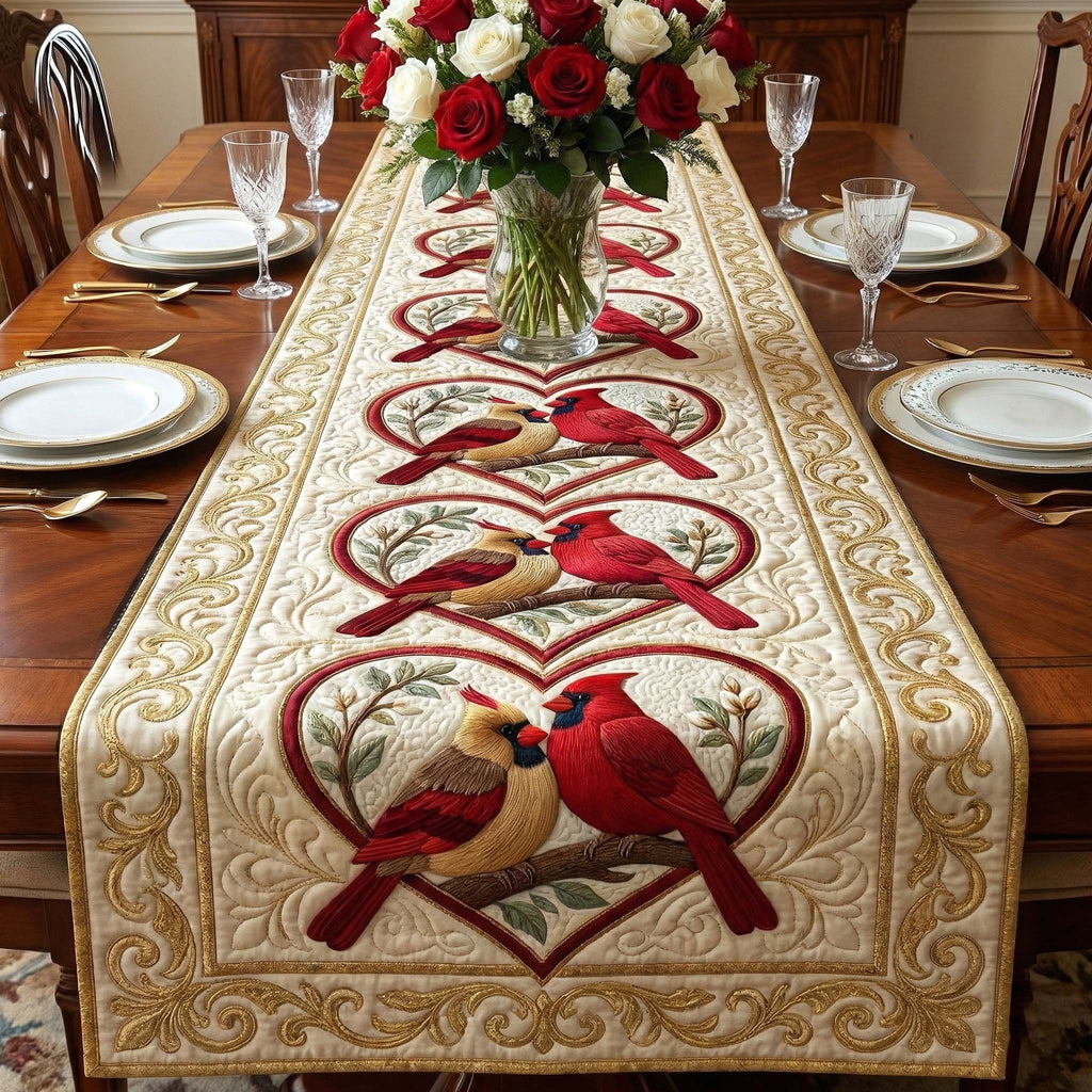 Cardinals on Ivory Heart Panel Table Runner