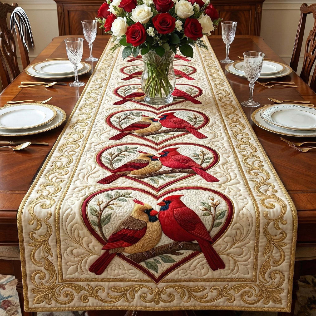 Cardinals on Ivory Heart Panel Table Runner