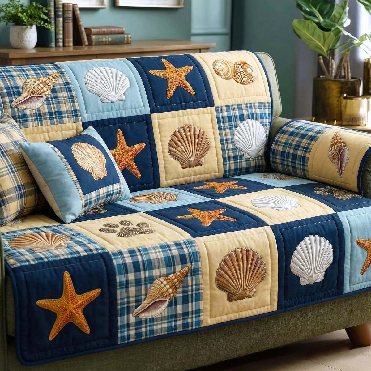 Seashells and Starfish on Navy Plaid Sofa Cover