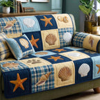 Seashells and Starfish on Navy Plaid Sofa Cover
