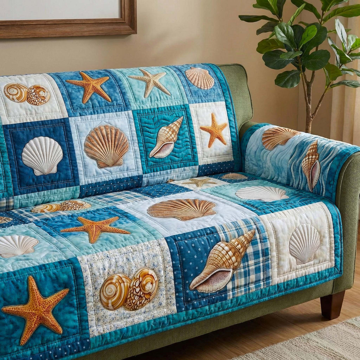 Seashells on Turquoise Patchwork Sofa Cover