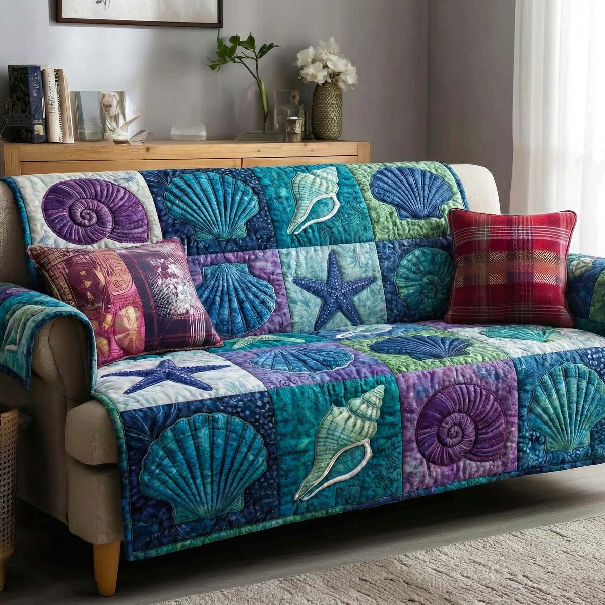 Seashells on Purple and Teal Squares Sofa Cover
