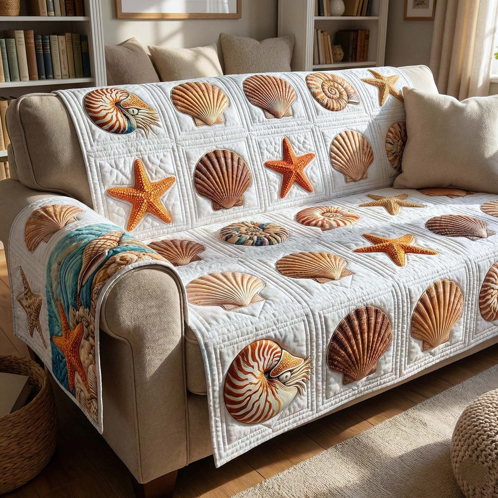 Shells and Starfish on Cream Quilt Sofa Cover