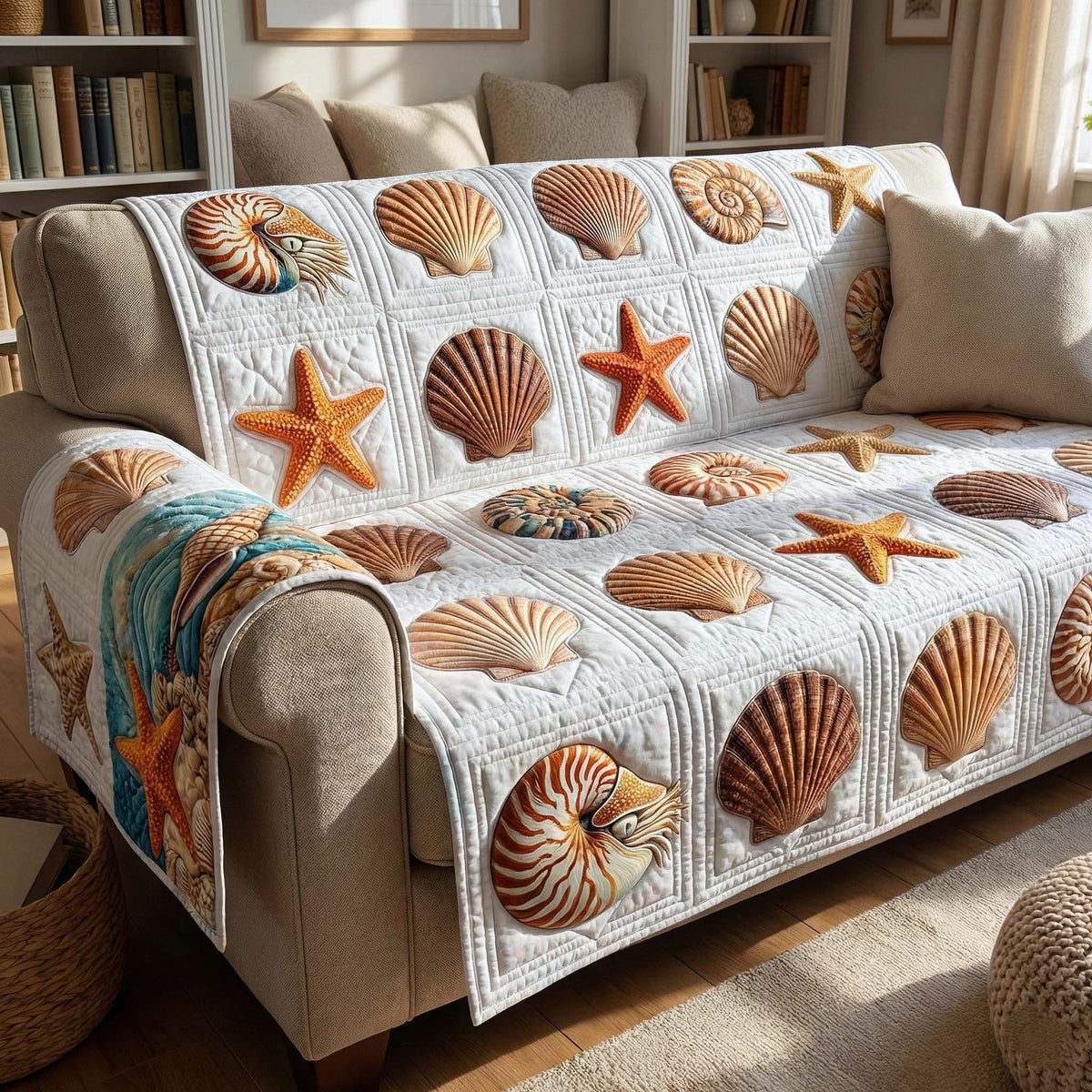 Shells and Starfish on Cream Quilt Sofa Cover