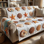 Shells and Starfish on Cream Quilt Sofa Cover