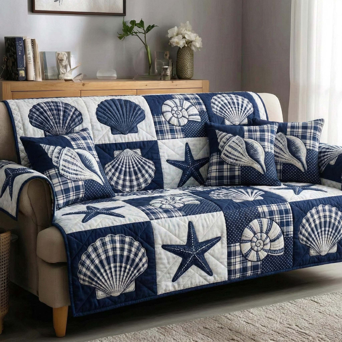 Shells and Starfish on Navy Gingham Sofa Cover