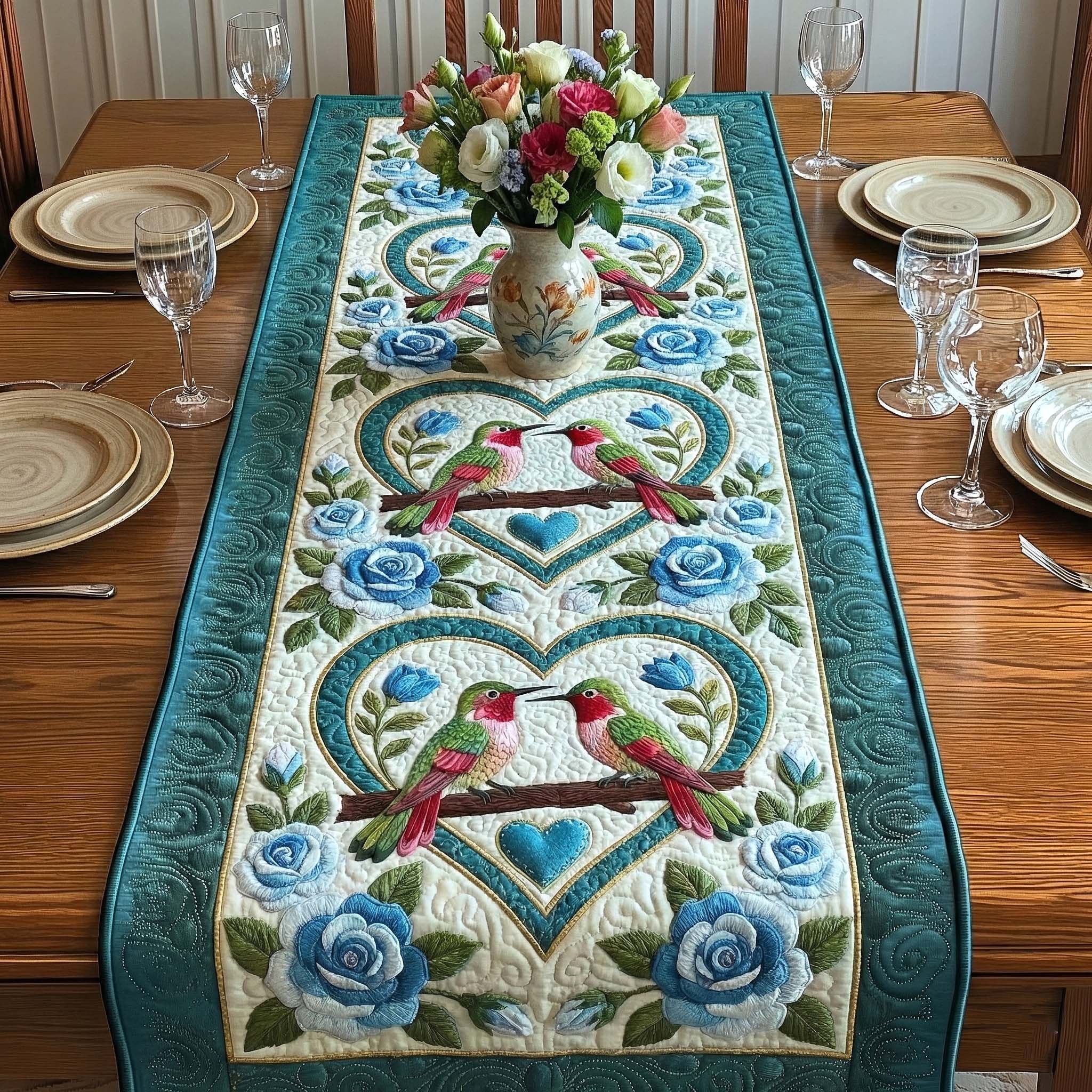 Hummingbirds with Blue Roses Table Runner