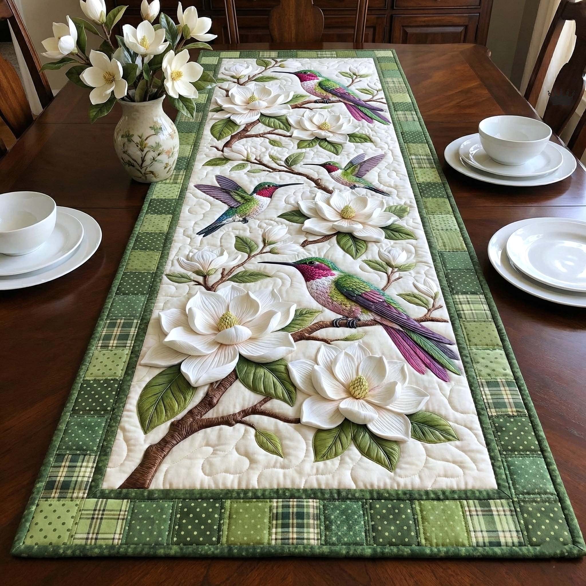 Hummingbirds with White Magnolias Table Runner