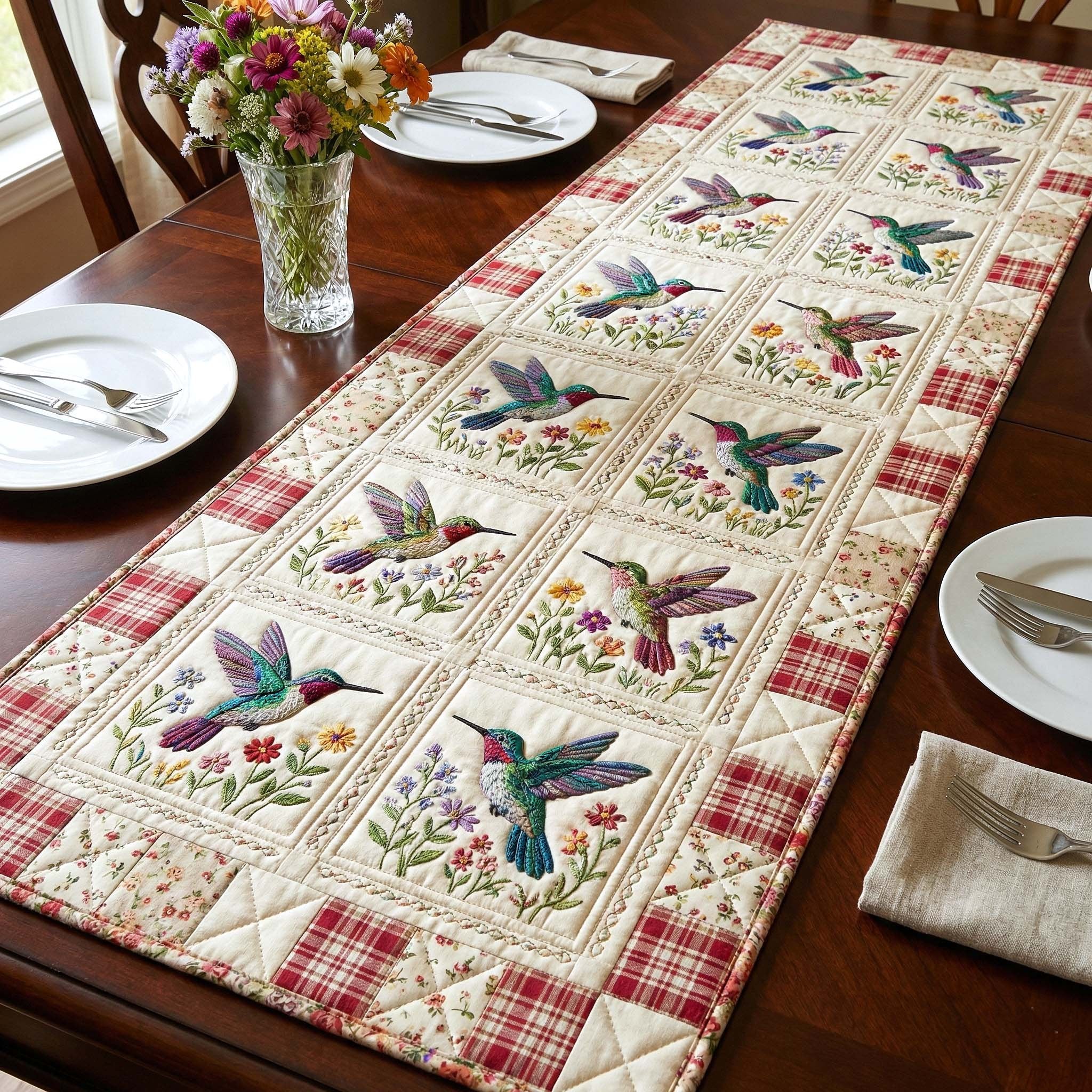 Hummingbirds in Plaid Quilt Blocks Table Runner