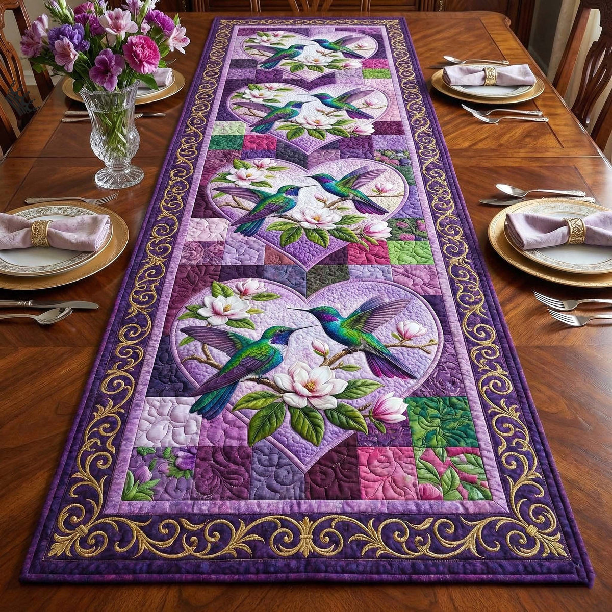 Hummingbirds on Purple Blocks Table Runner