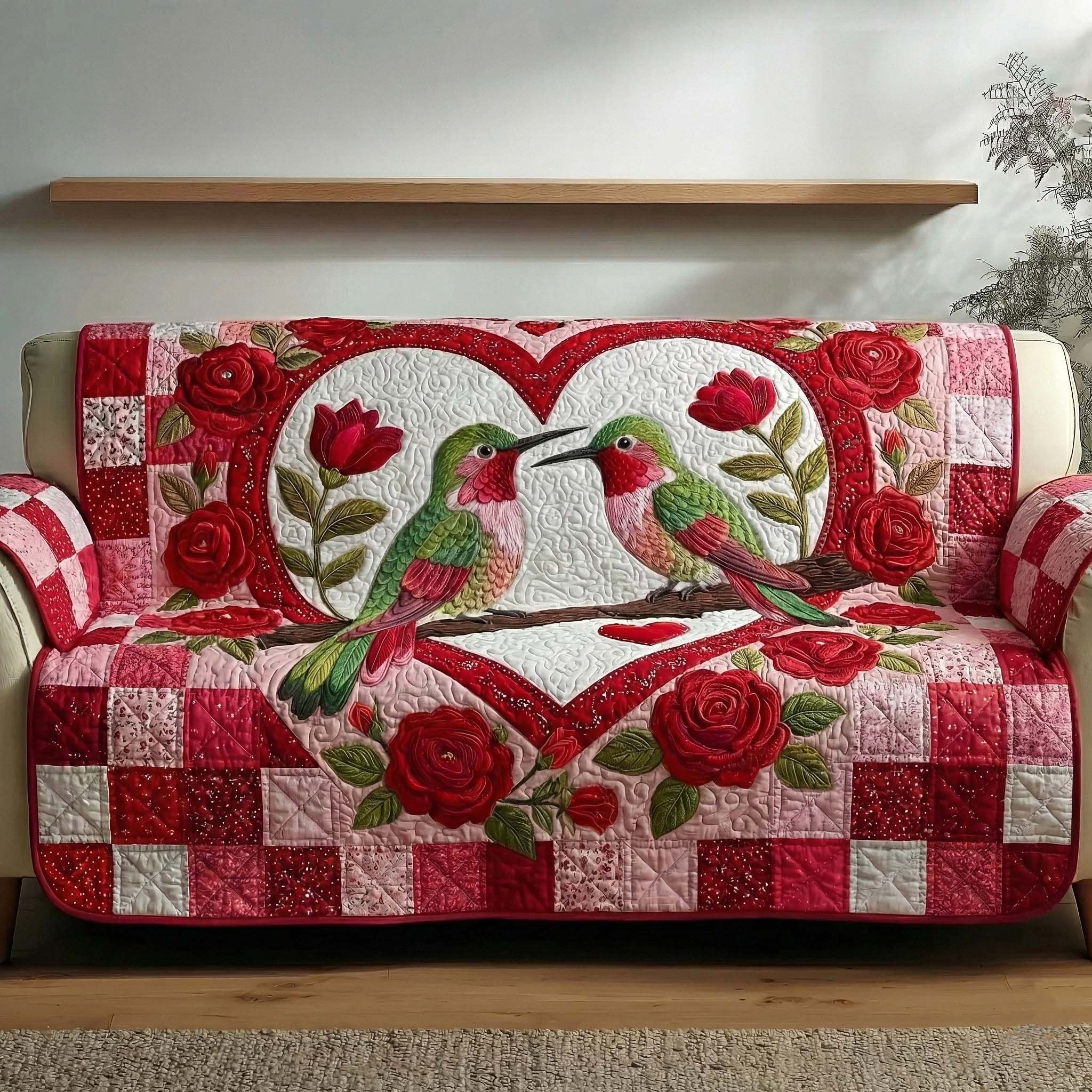 Hummingbirds with Roses on Red Sofa Cover