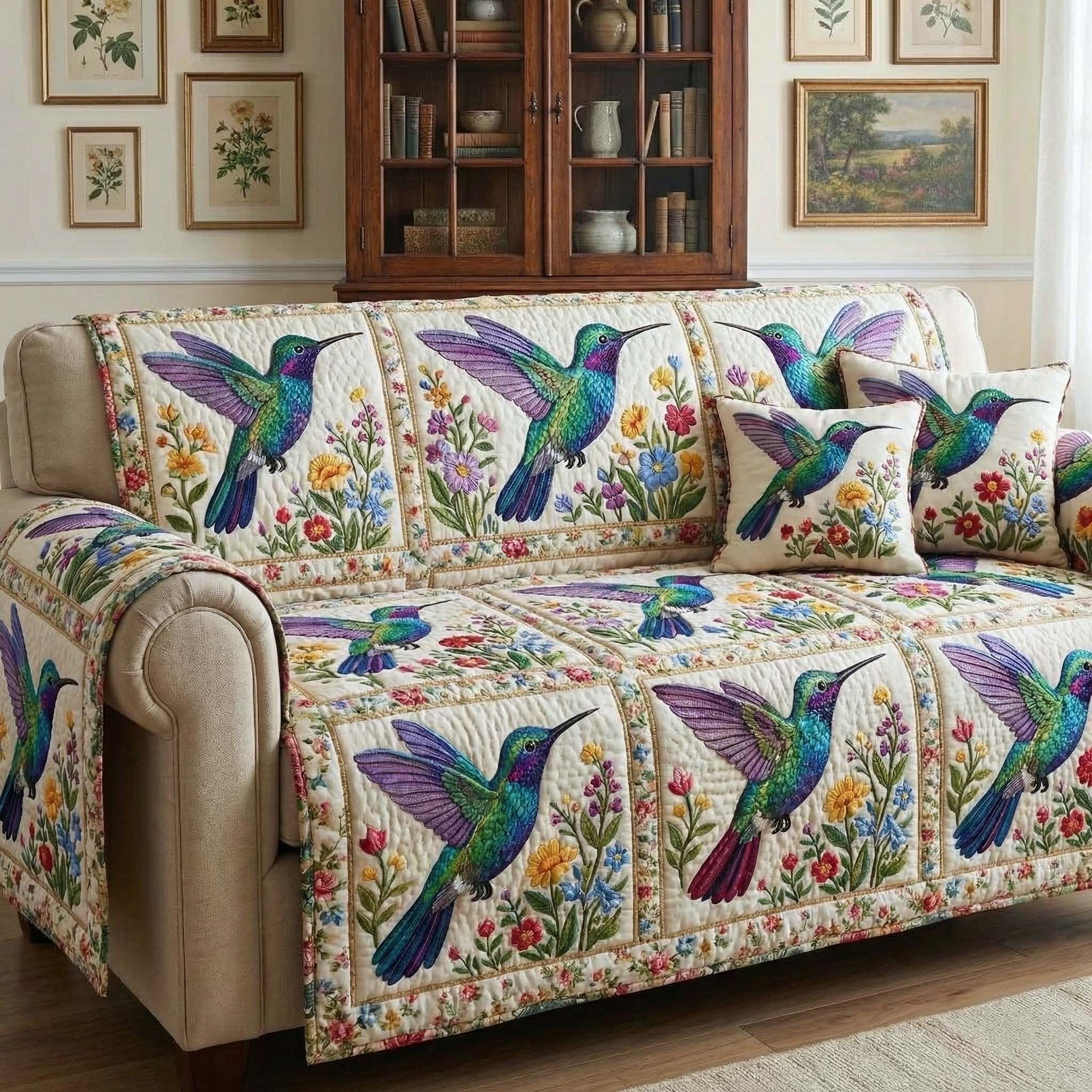 Hummingbirds on Blue and Purple Patches Sofa Cover