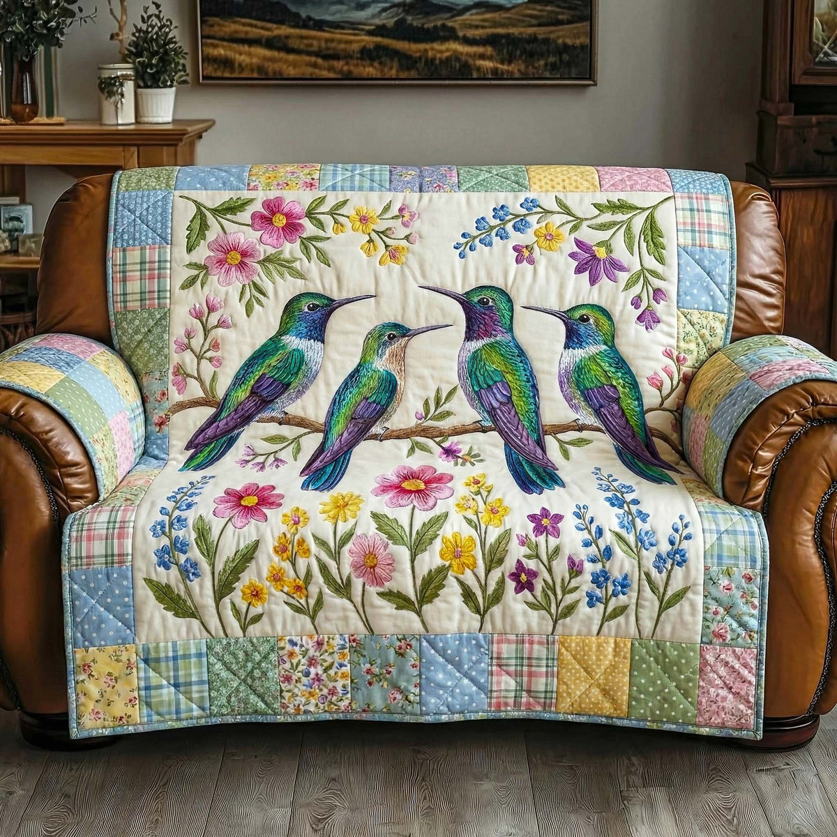 Hummingbirds on a Wildflower Branch Sofa Cover