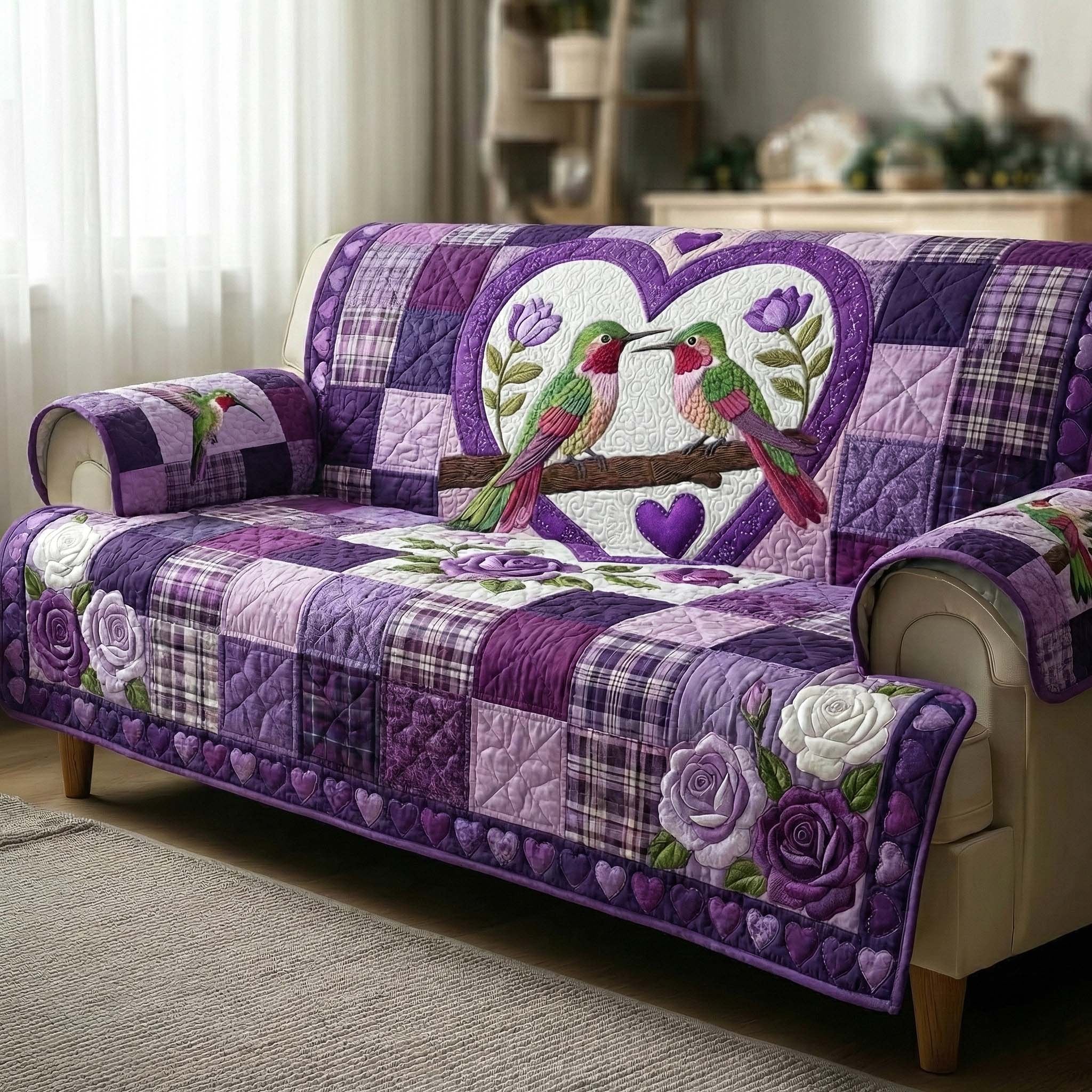 Hummingbirds on Purple with White Roses Sofa Cover
