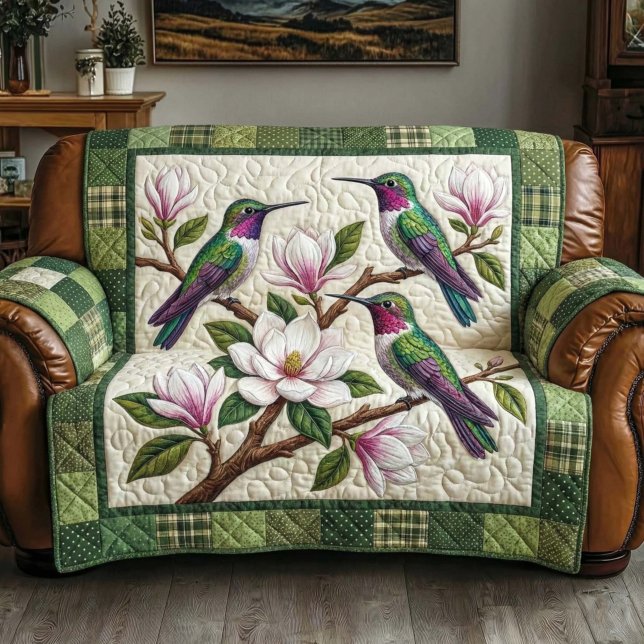 Hummingbirds and Magnolia on Green Sofa Cover