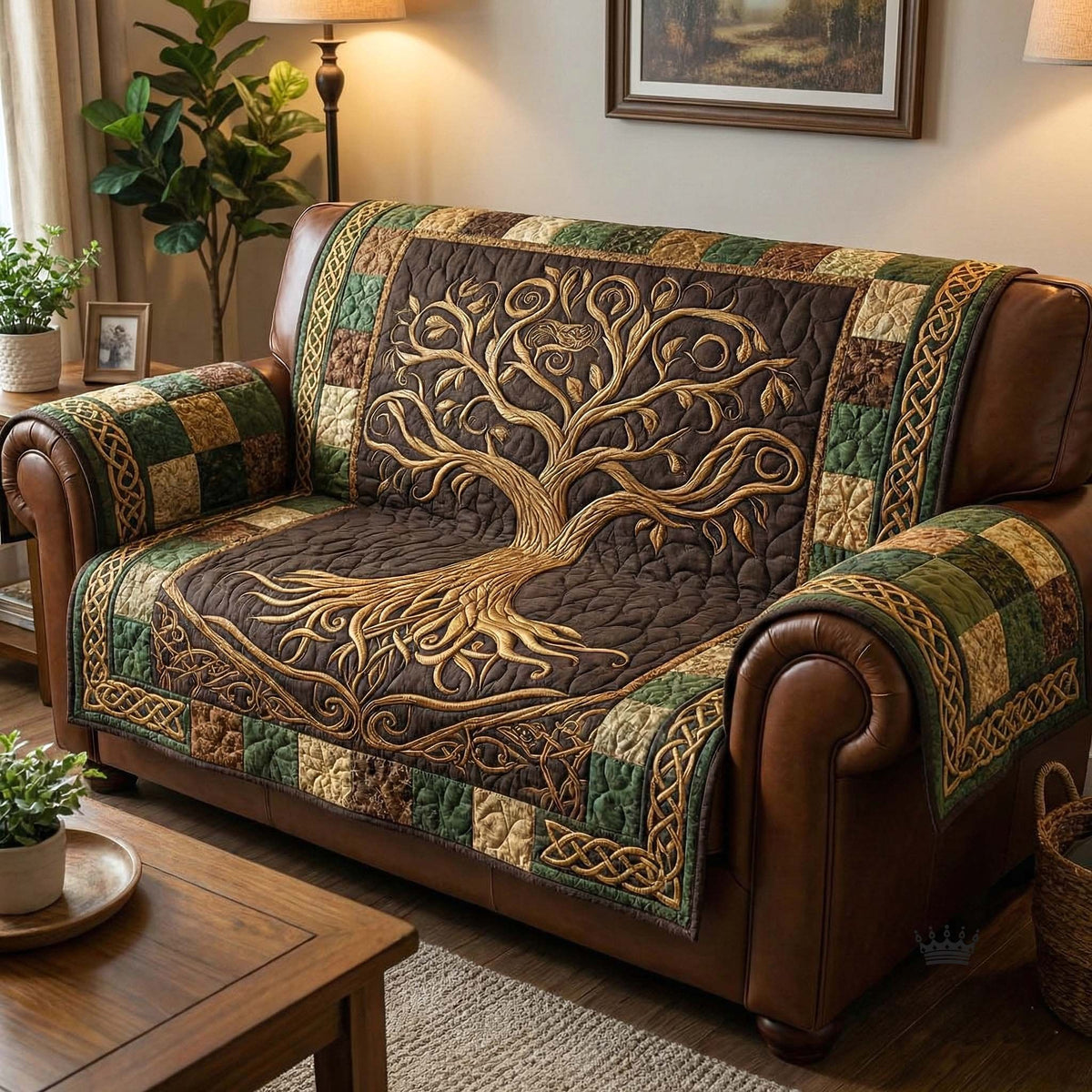 Golden Tree of Life on Brown Sofa Cover