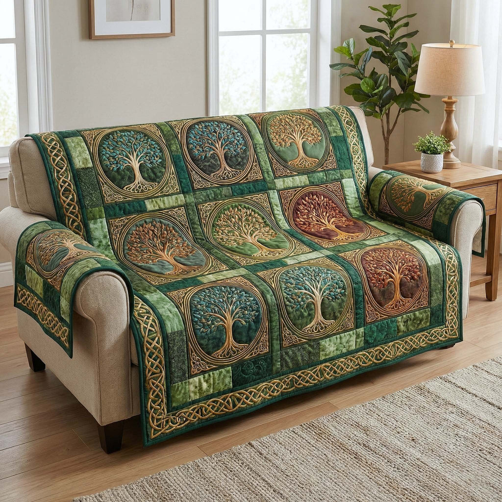 Celtic Trees on Green Squares Sofa Cover