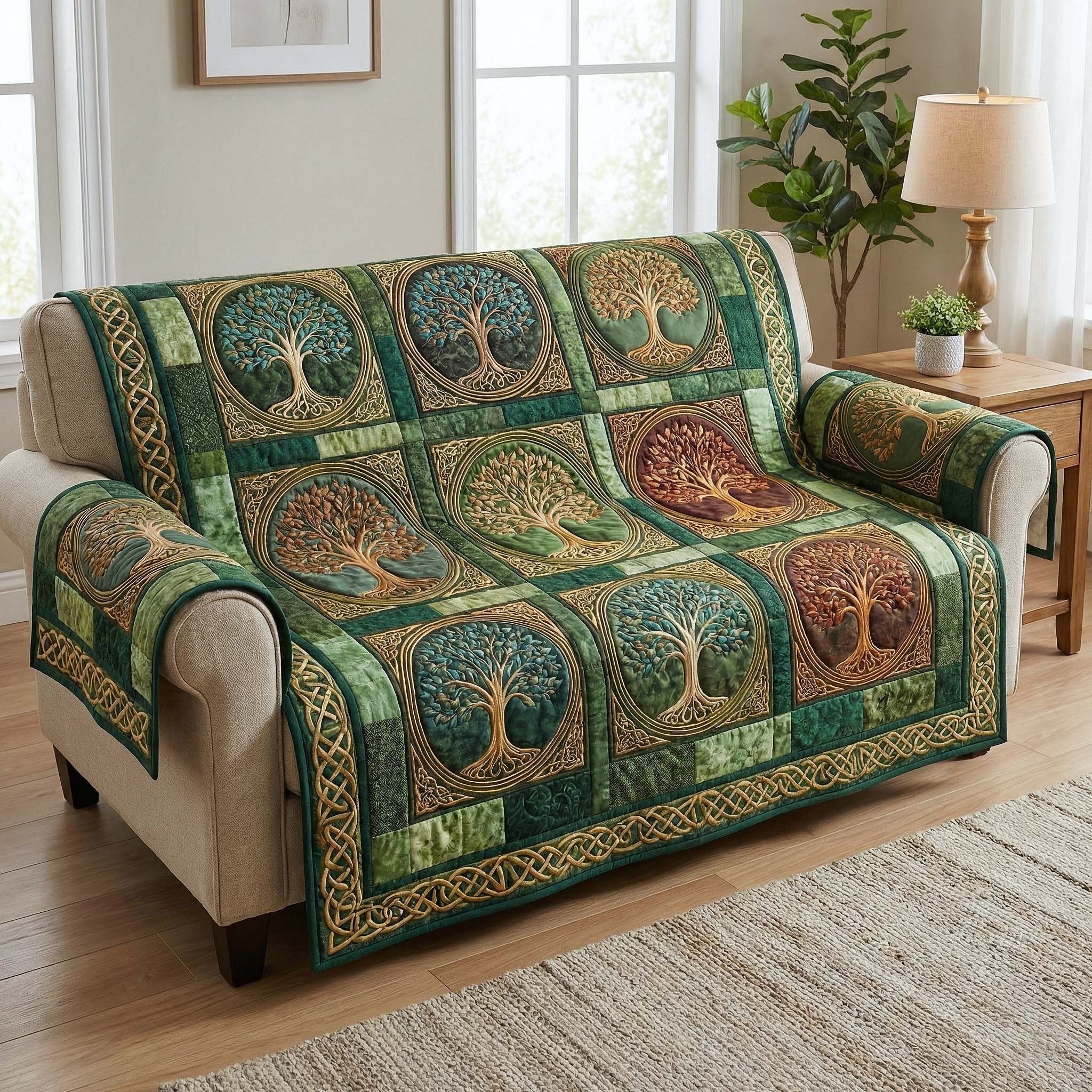 Celtic Trees on Green Squares Sofa Cover