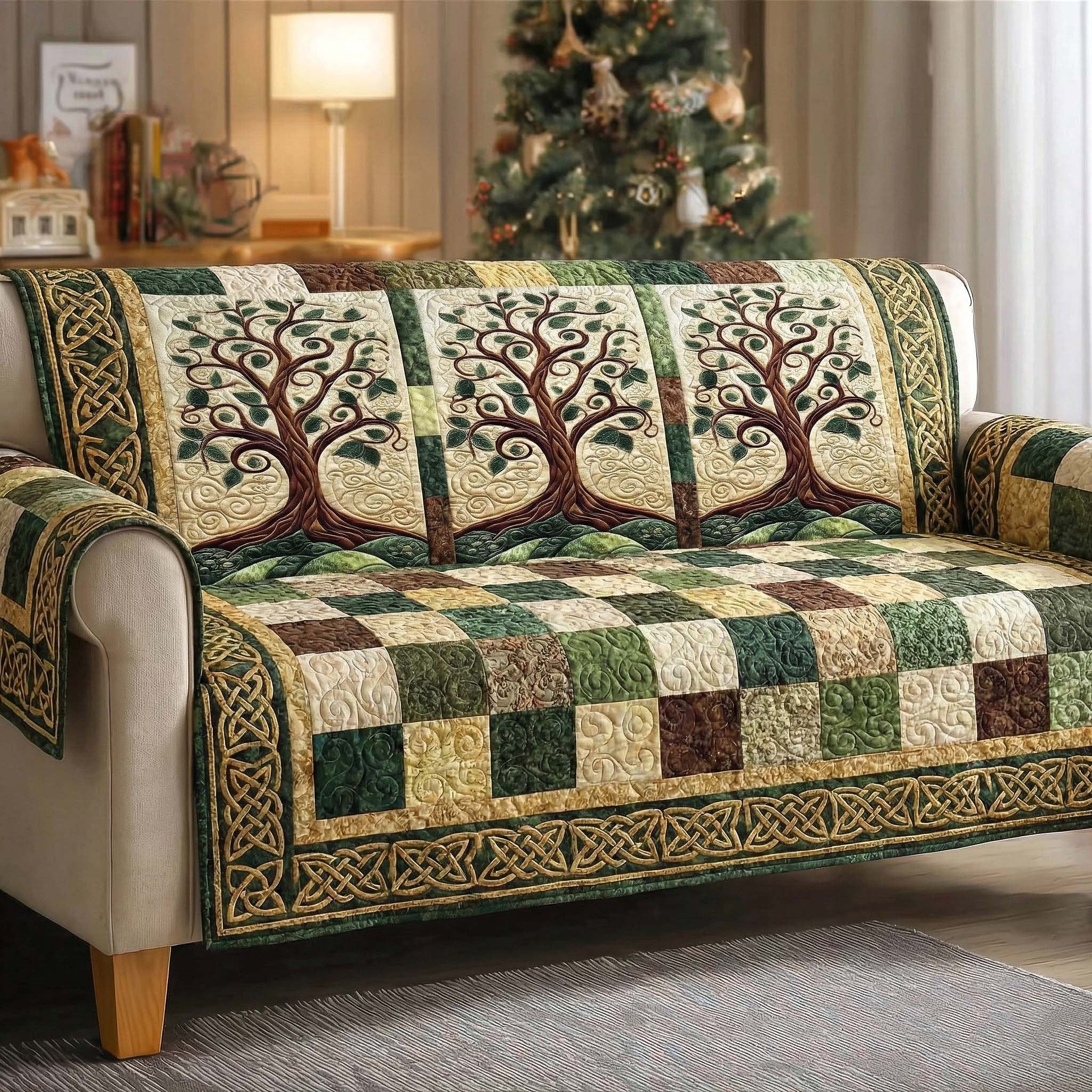 Tree of Life on Green Checkerboard Sofa Cover