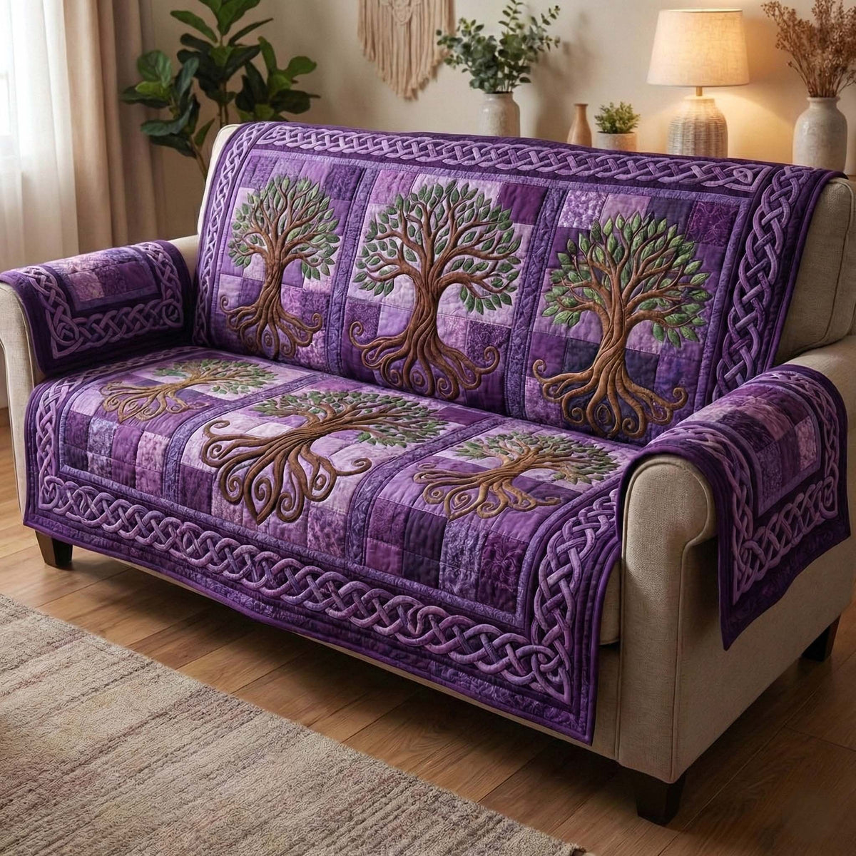 Tree of Life on Purple Celtic Squares Sofa Cover