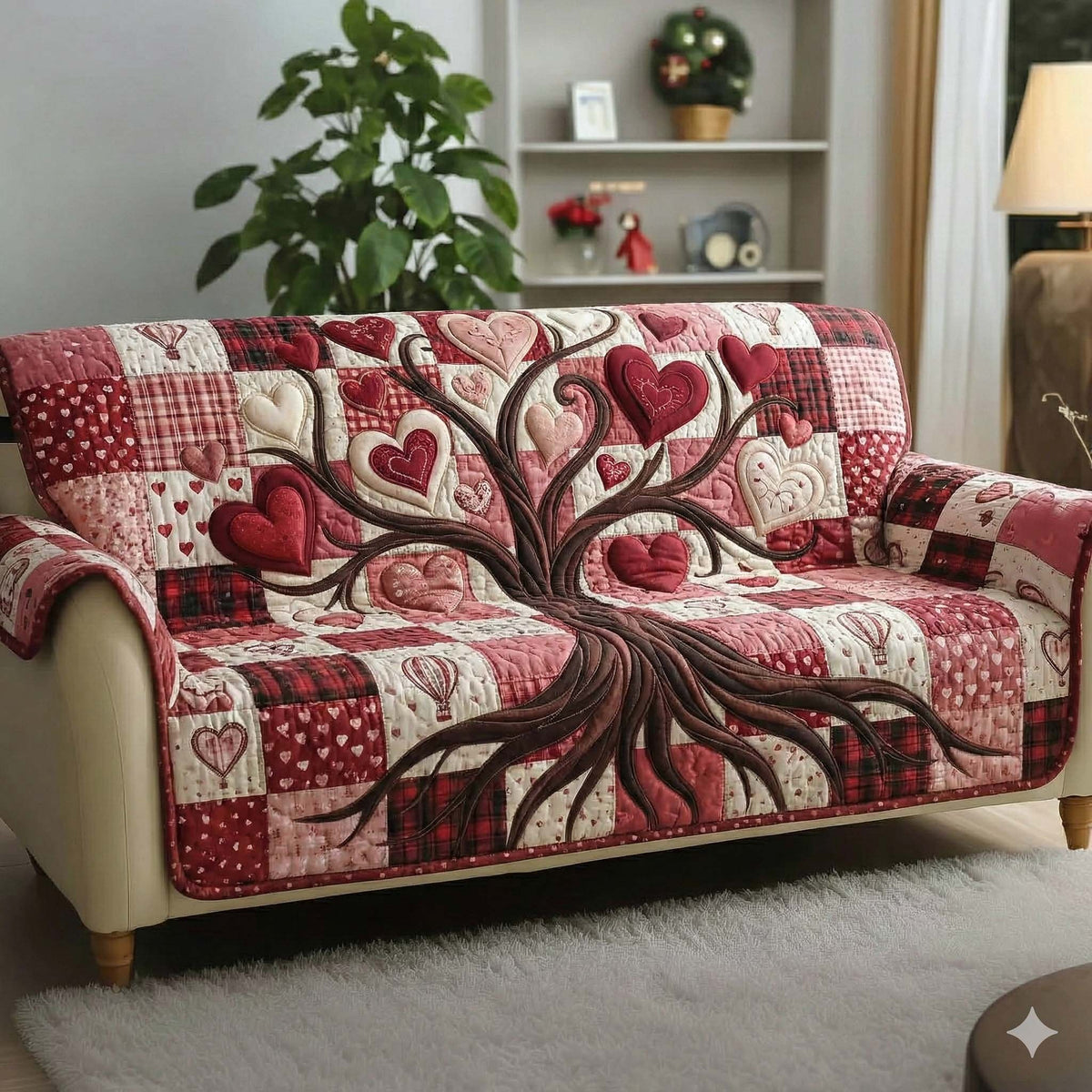 Heart Tree on Red and Cream Patchwork Sofa Cover
