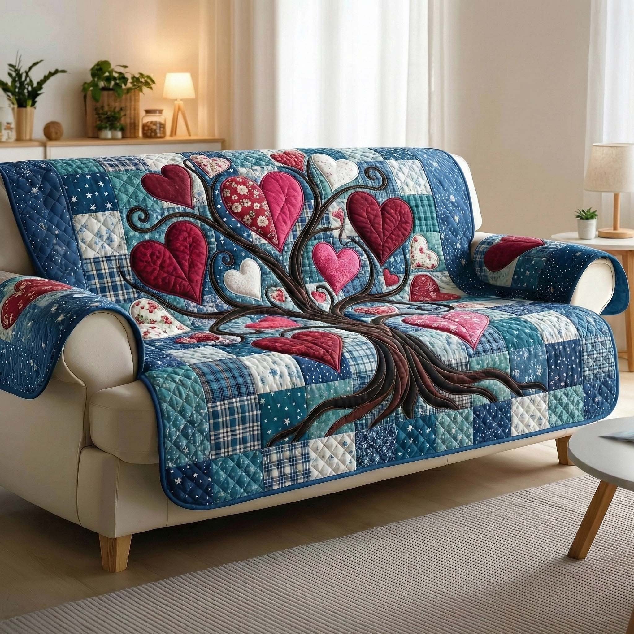 Heart Tree on Blue Patchwork Sofa Cover