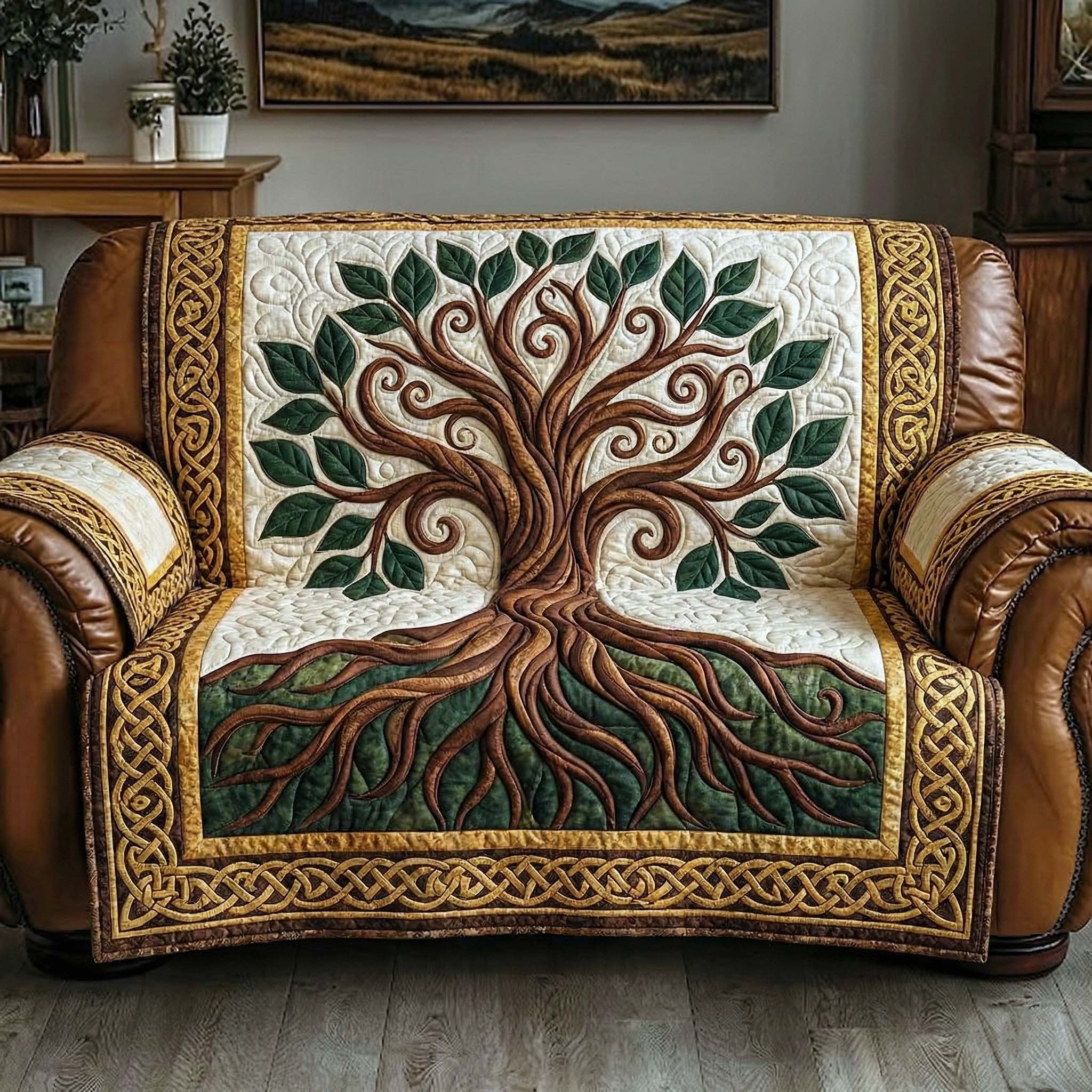 Green Tree of Life with Golden Border Sofa Cover