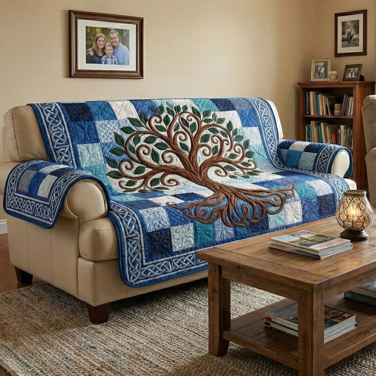 Tree of Life on Blue Checkerboard Sofa Cover