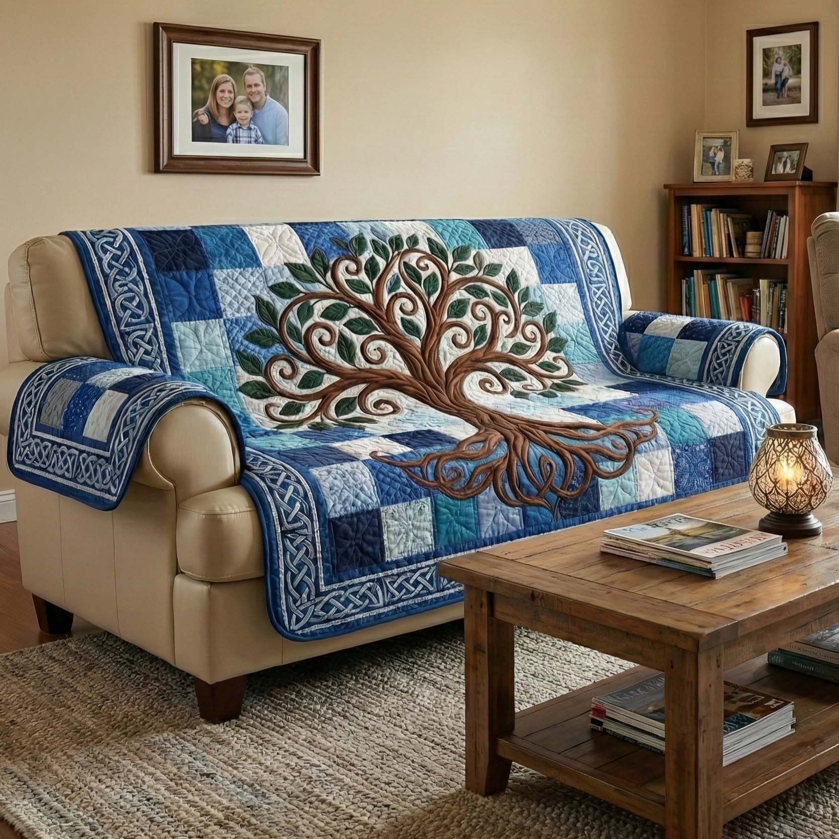 Tree of Life on Blue Checkerboard Sofa Cover