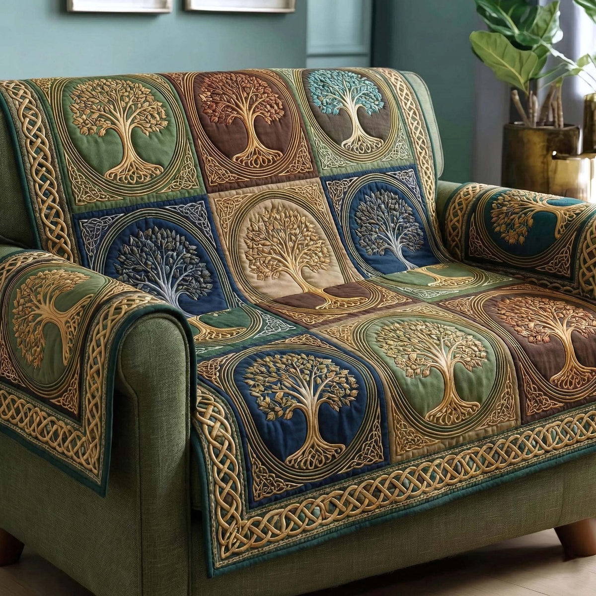 Celtic Trees on Navy Squares Sofa Cover