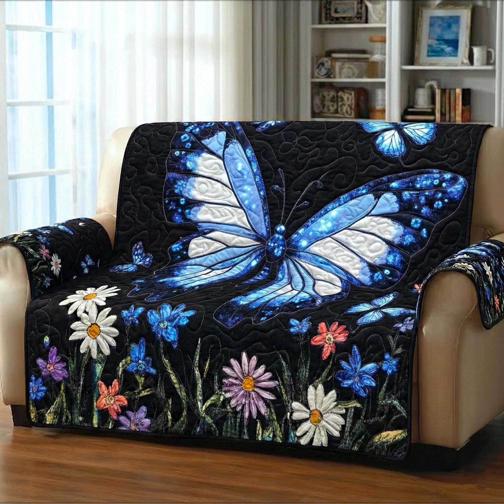 Blue Butterfly with Daisies on Black Sofa Cover