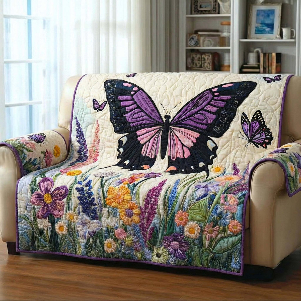 Purple Butterfly Over Wildflowers Sofa Cover