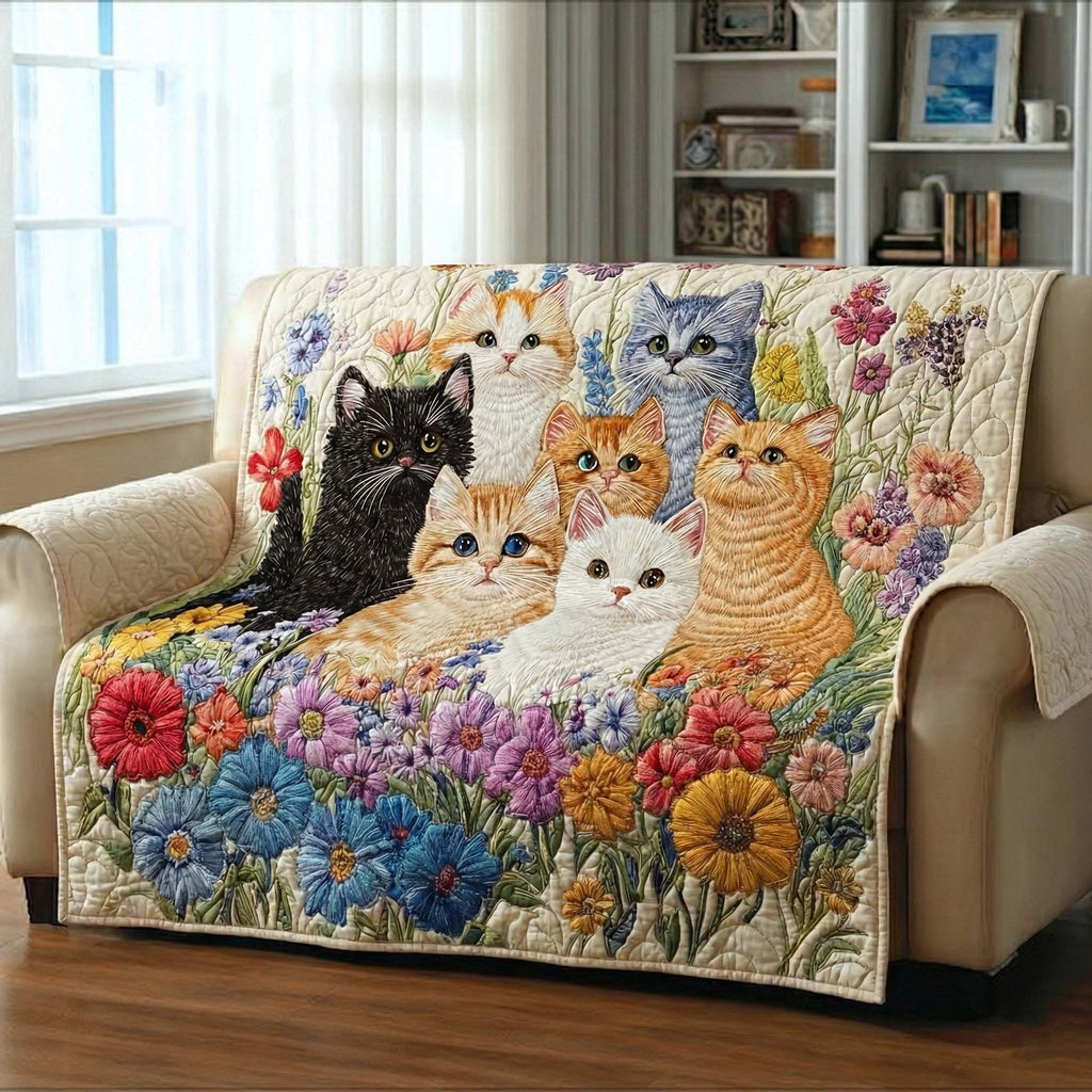 Cats Sitting in the Flower Garden Sofa Cover