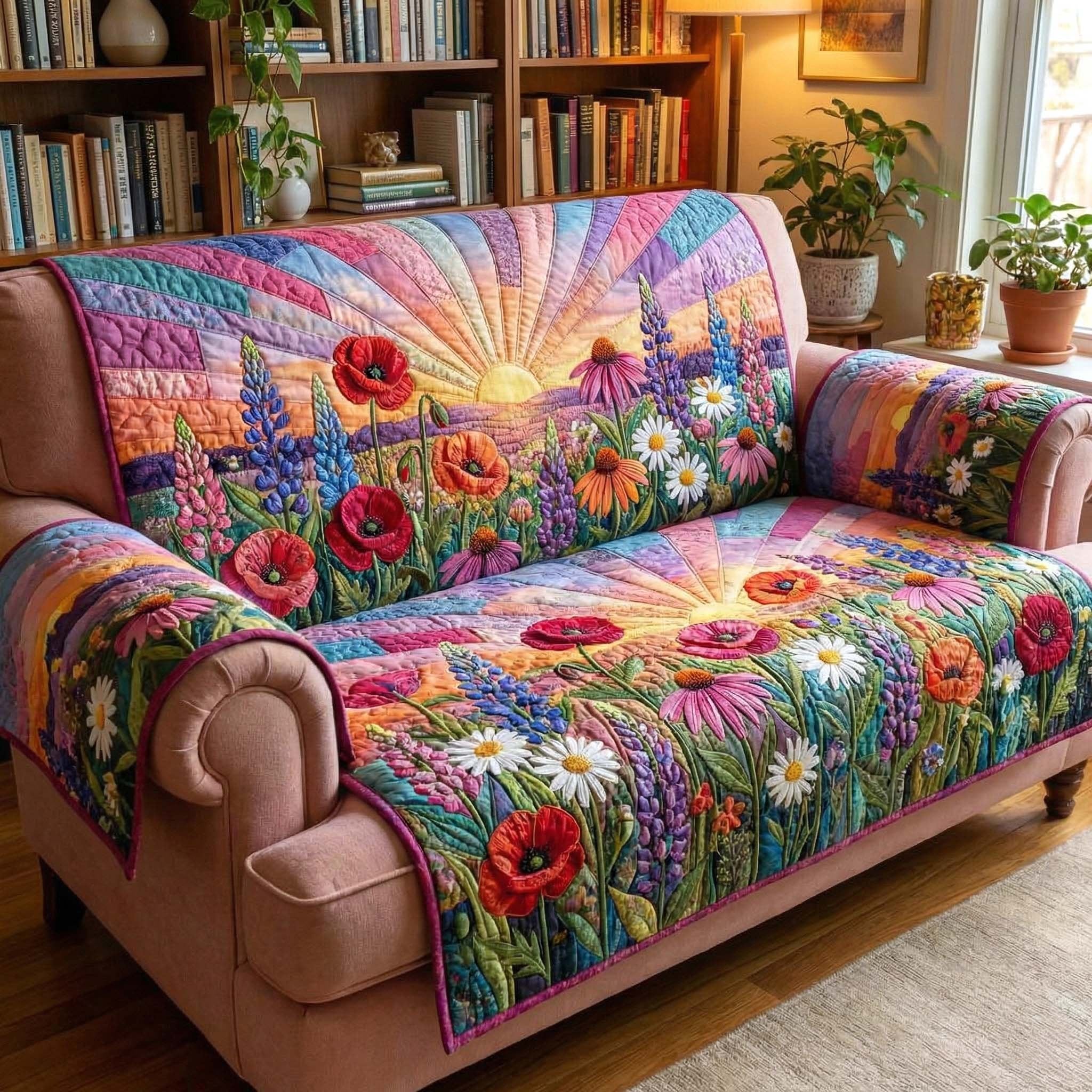 Flower Meadow at Pink Sunset Sofa Cover