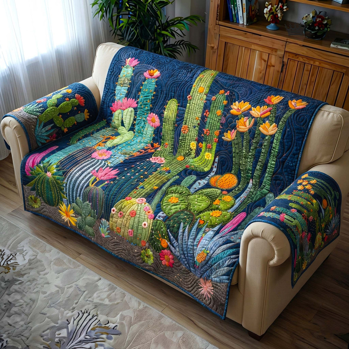 Cactus Garden on Deep Teal Sofa Cover