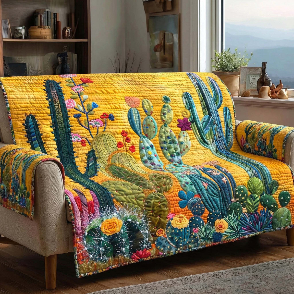 Cactus on Yellow and Blue Desert Sofa Cover