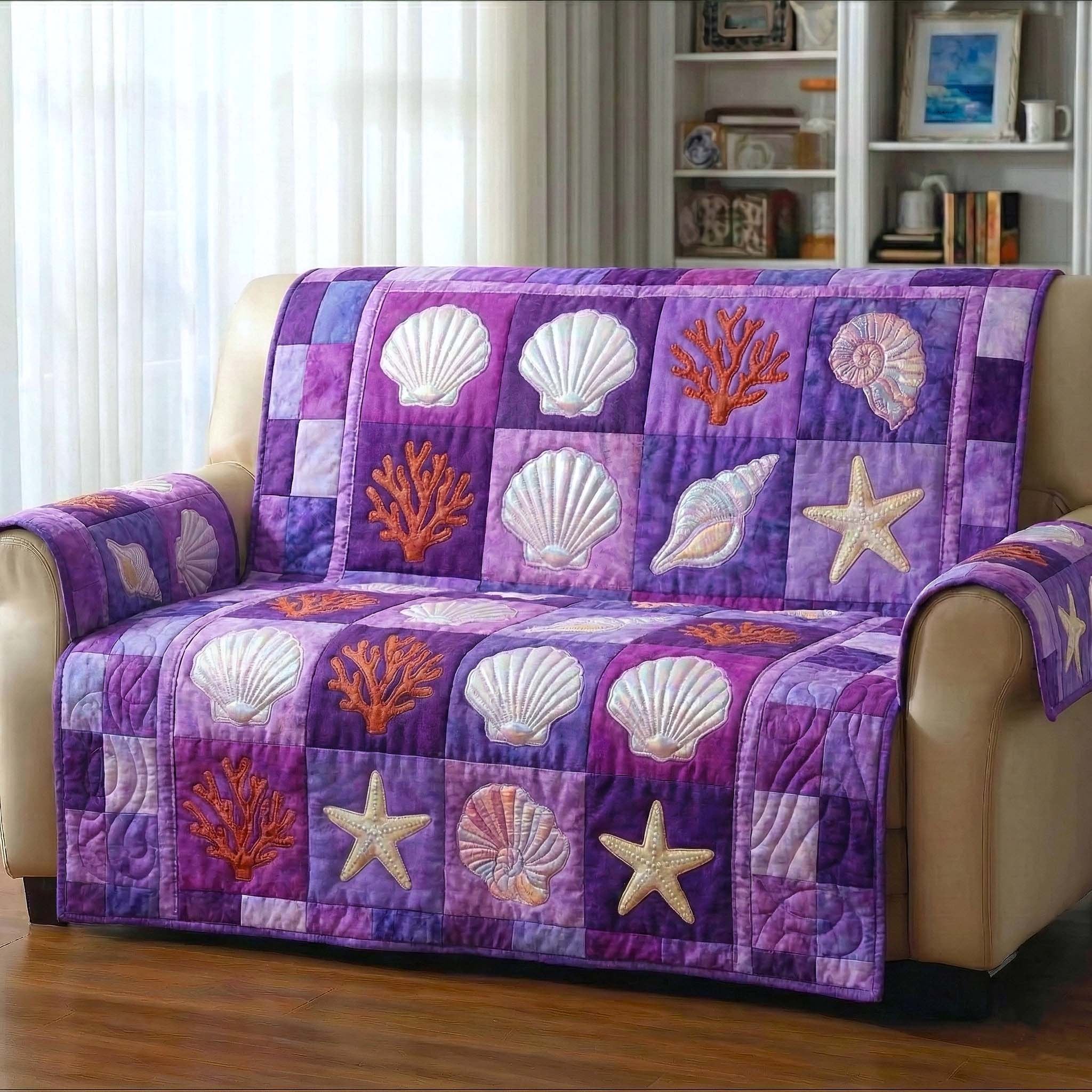 Seashells and Starfish on Purple Sofa Cover