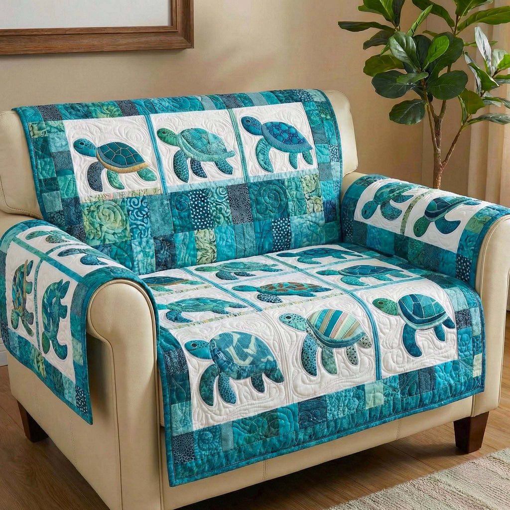 Turtle Silhouettes on Teal Squares Sofa Cover