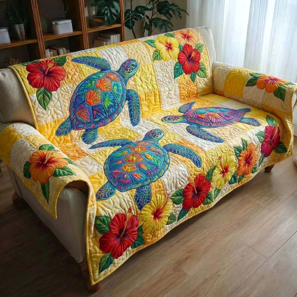 Sea Turtles with Yellow Hibiscus Sofa Cover