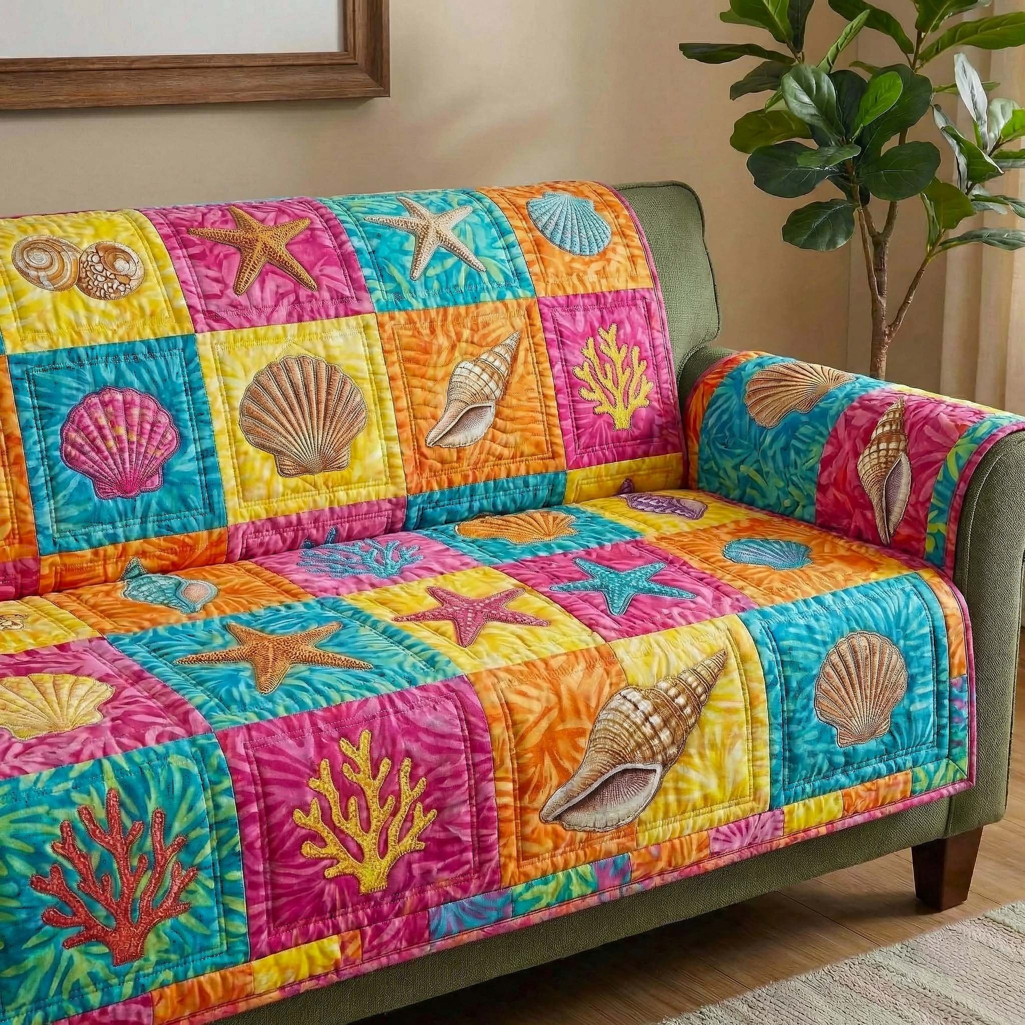 Shells and Coral on Bright Patches Sofa Cover