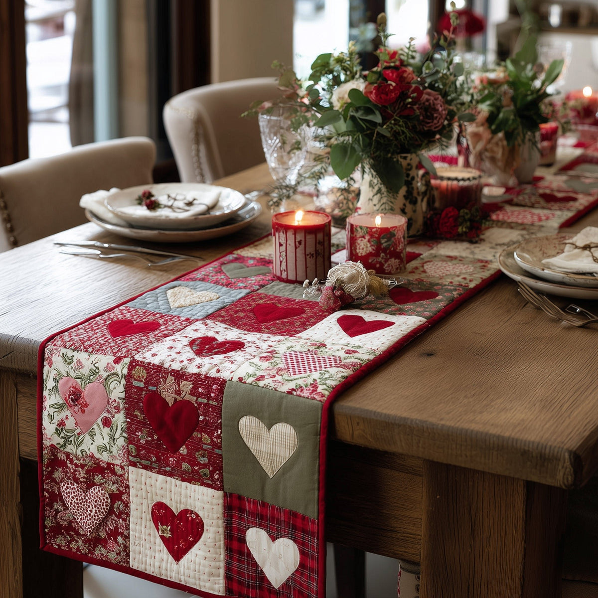 Hearts on Red and Cream Patchwork Table Runner