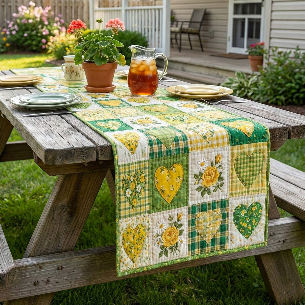 Hearts in Green and Yellow Blocks Table Runner