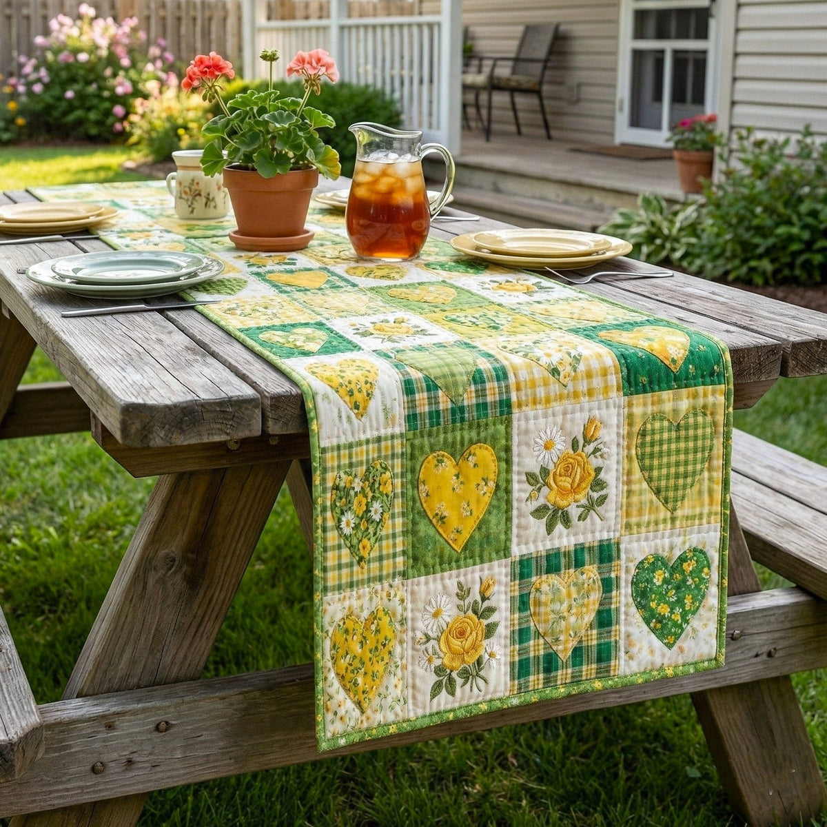 Hearts in Green and Yellow Blocks Table Runner