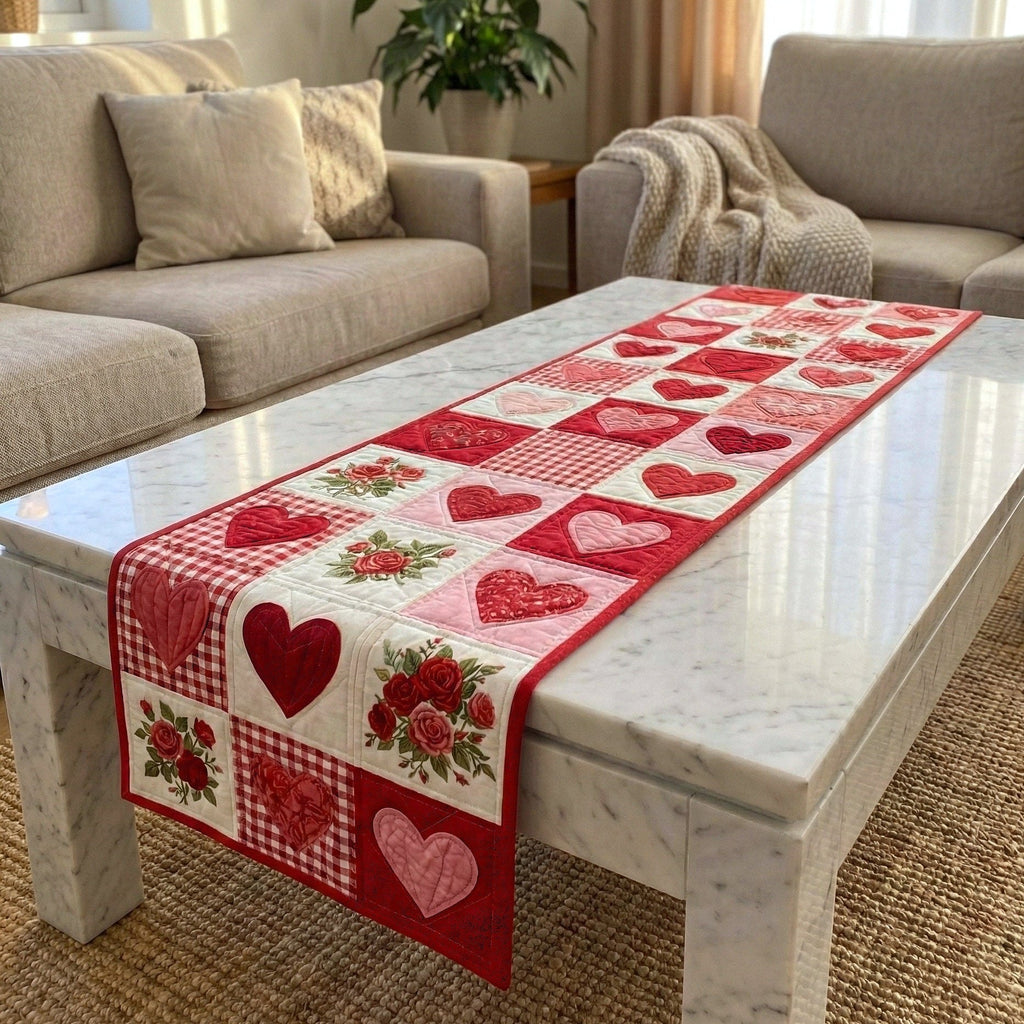 Red Hearts on Pink Floral Blocks Table Runner